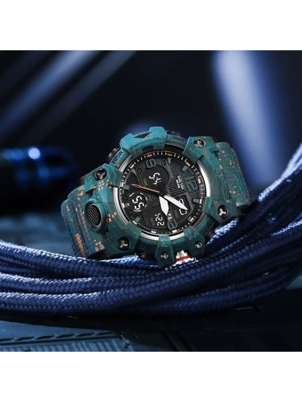 Mens Camo Blue Analog Quartz S-Shock Waterproof Outdoor Sports LED Digital Watch
